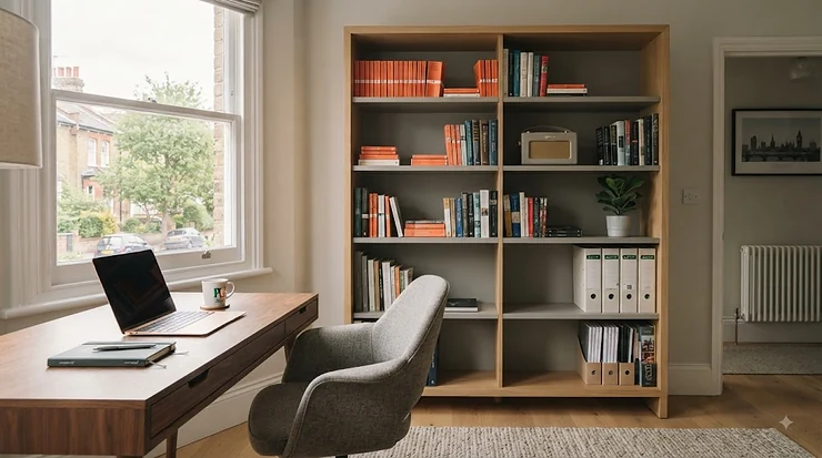 A stylish wooden office bookcase filled with books and plants in a modern British home study. best office bookcase