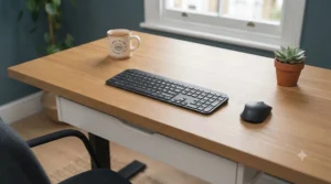 Clean, clutter-free desk surface achieved using narrow under-desk storage drawers.