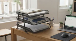 A collection of various coloured desk document trays displayed together to show available finish options.