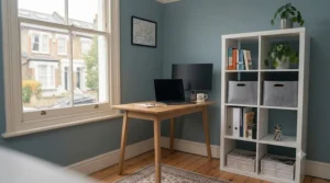 Compact wooden cube storage unit for a small home office organising desk accessories and stationery.