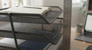 A compact desk document tray demonstrating its space-saving footprint on a wooden desktop.