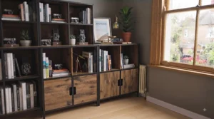 Minimalist black office bookcase holding stationery and reference books in a professional home setup.