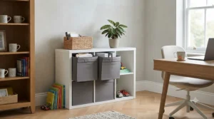A white cube storage unit fitted with fabric storage boxes in a compact UK home office.