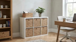 A cube storage unit featuring woven wicker basket inserts for tidy living room decluttering in the UK.