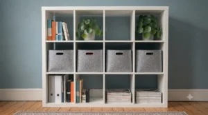 Grey cube storage unit with fabric storage boxes keeping an office space tidy and clutter-free.