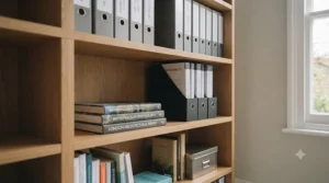 Side-profile view demonstrating deep shelving capacity for large lever-arch files and office folders.
