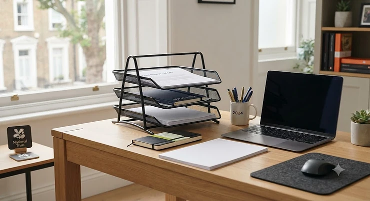 A sleek black metal mesh desk document tray holding A4 paperwork on a tidy modern office desk. desk document tray