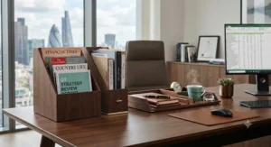 Matching set of magazine holders and desk accessories in an executive office setting.