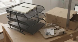 A modern desk document tray shown straight out of its packaging ready for quick office assembly.