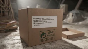 Recyclable brown cardboard archive storage box displaying eco-friendly recycling symbols for sustainable office stationery.