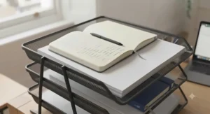 An organised workspace featuring a matching desk document tray and desktop stationery tidy.