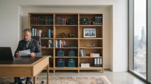 A premium wide bookcase styled in a professional corporate office alongside a matching desk.