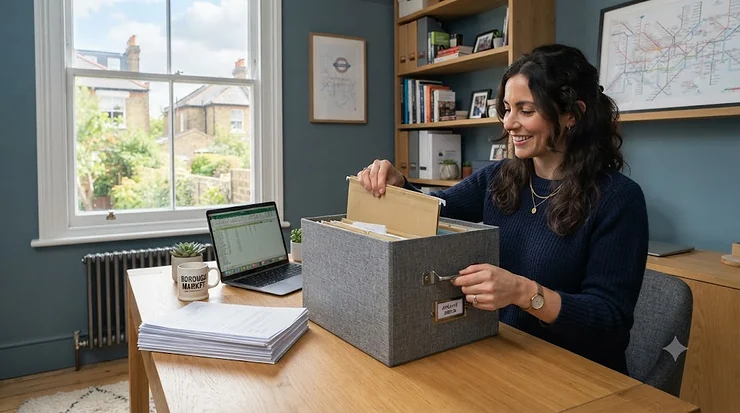 A durable filing storage box sitting neatly on a wooden desk in a modern UK home office. filing storage box
