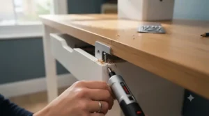 Step-by-step view of fitting a narrow under-desk storage unit onto a wooden desktop.