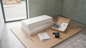 Flat-pack pieces of a modular cube storage unit for an office ready for DIY home assembly.