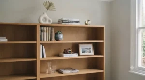 Swatches and display units showing grey and white finishes for modern wide bookcases.