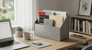 Grey felt magazine holder providing soft, contemporary storage for papers in a home workspace.