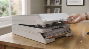 A stylish home office study area utilizing stackable letter trays to maximise vertical desk space.