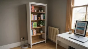 Industrial oak and black metal office bookcase priced under £150 for contemporary home offices.