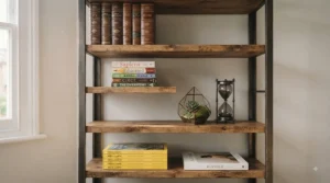 An industrial-style office bookcase featuring rustic wooden shelving and a black metal frame.