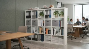 Large wooden cube storage unit used as a stylish room divider in an open-plan corporate office.