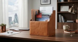 Tan leather magazine holder sitting on an executive desk for stylish document storage.