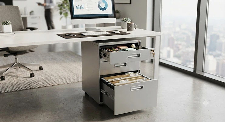 Silver lockable 3 drawer pedestal mobile cabinet holding important paperwork and stationery in a corporate office