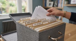 Several labelled archive filing storage boxes neatly lined up on metal shelving in a loft.