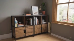 Low cube office bookcase featuring combination open shelving and cupboard storage under £150.