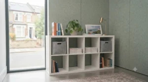 Low horizontal cube storage unit for an office featuring books and potted plants on top.