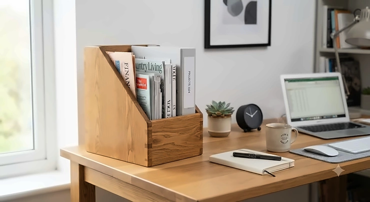Solid oak desktop magazine holder keeping paperwork organised on a modern home office desk.