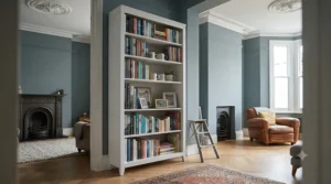 A tall white bookcase reaching towards high ceilings in a Victorian terrace living room.