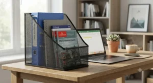 Black metal mesh magazine file holder neatly storing folders and notebooks in a workplace study.