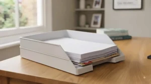 A bright workspace featuring a dual-tier set of stackable letter trays keeping incoming post and documents tidy.