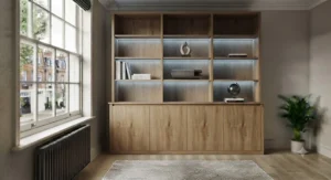 Modern white tall bookcase for office settings, providing clean lines and ample shelving space.