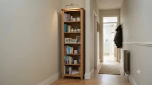 A narrow hallway in a British home utilising a slim tall bookcase for vertical storage solutions.