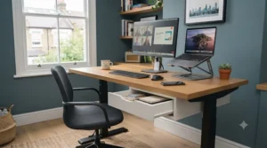 Adjustable electric standing desk paired with a matching narrow under-desk drawer.