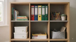 A space-saving office bookcase with an integrated fold-down desk and shelving unit.