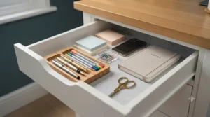 Interior layout of an organised narrow under-desk drawer filled with office stationery and accessories.