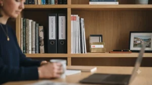 A wide wooden bookcase filled with professional ring binders, reference books, and storage boxes.