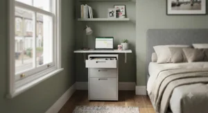 Compact slimline 3 drawer pedestal designed for space-saving organisation in a small home office bedroom