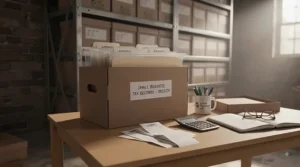 Small business owner sorting financial paperwork and tax receipts into a labelled archive storage box in a UK workspace.
