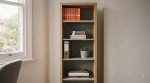 A compact, narrow office bookcase neatly fitted into a small alcove in a London flat.
