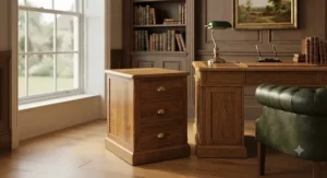 Traditional solid oak 3 drawer wooden pedestal beside a matching executive desk in a professional study