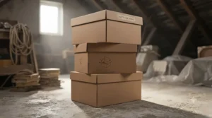 Multiple stackable archive storage boxes safely stacked on top of each other in a British loft storage space.