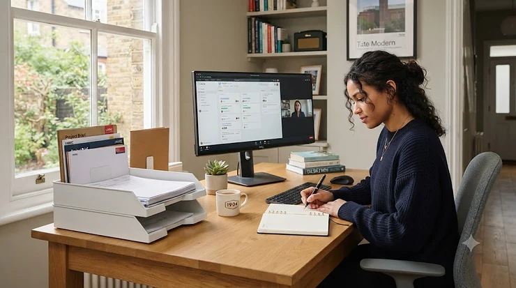 A sleek set of stackable letter trays on a modern home office desk in London, neatly organising paperwork and stationery. stackable letter trays
