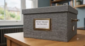 Two grey filing storage boxes stacked vertically on top of each other to save floor space.