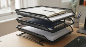 A three-tier stackable desk document tray system maximising vertical workspace storage for paperwork.