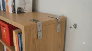 Illustration highlighting secure wall-anchoring brackets for a tall and wide office bookcase.
