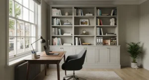 A stylish tall bookcase for office storage in a modern British workspace, featuring organised books and decorative items. tall bookcase for office